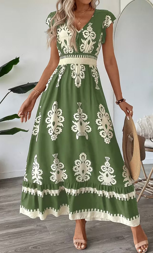 Robe Midi Col V Manches Cap Imprimé Baroque Smockée | Style Bohème Femme | KOELEX