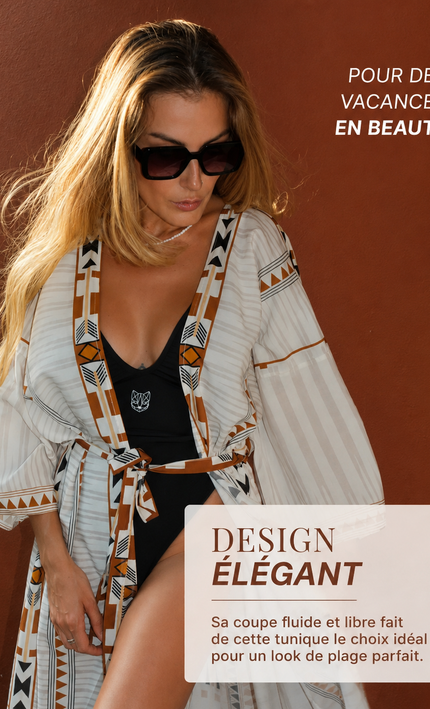 Kimono Long Imprimé Aztèque Géométrique Manches Larges Ceinture | Style Bohème Femme | KOELEX