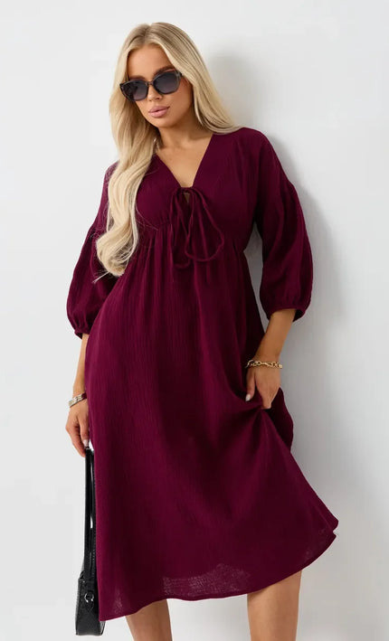 Robe Midi Gaze de Coton Col V Lacet Manches Bouffantes Fluide - Bordeaux