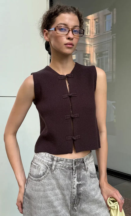 Gilet tricoté nœuds décoratifs sans manches bordeaux bohème femme casual chic 