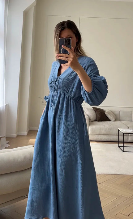 Robe midi col V lacets gaufrée crème bohème femme été casual Lumière Bohème
