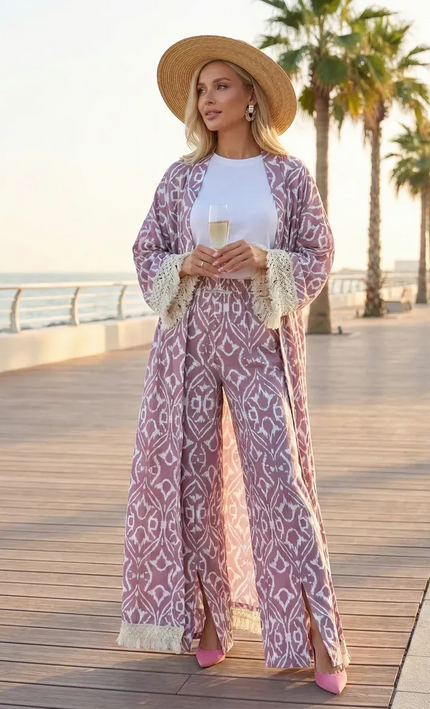 Kimono Long Ikat Oriental Franges Crochet - Rose Poudré bohème femme plage soirée koelex 