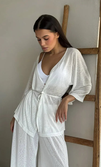 Ensemble 3 en 1 kimono pantalon large texturé brillant ceinture blanc bohème femme maison plage KOELEX