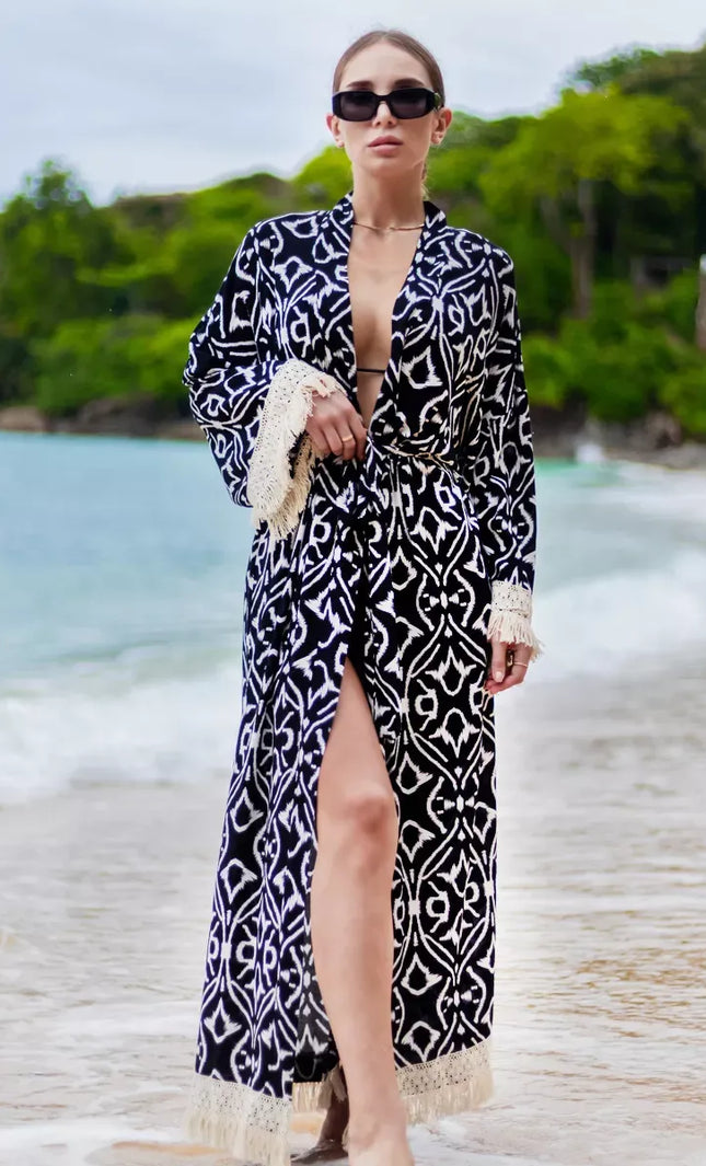 Kimono long ikat oriental franges crochet ceinture Noir & Blanc coton bohème femme KOELEX