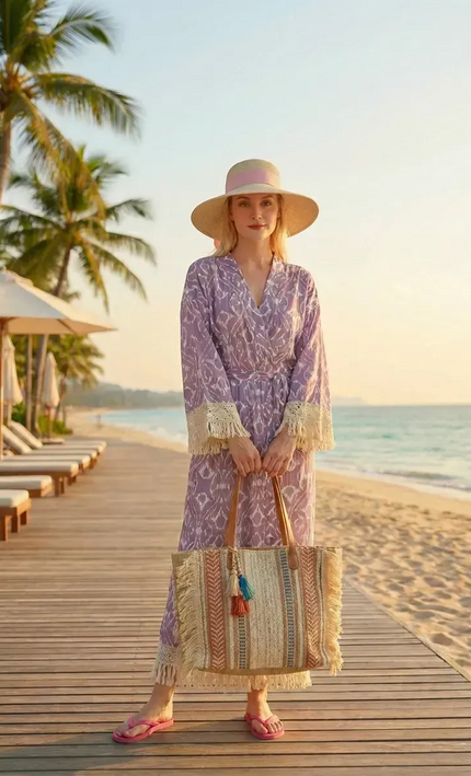 Kimono Long Ikat Oriental Franges Crochet - Rose Poudré bohème femme plage soirée koelex 