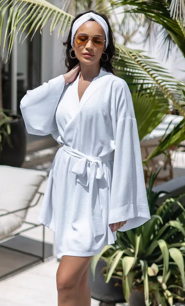 Kimono court blanc texturé gaufré manches larges ceinture bohème chic femme maison plage KOELEX