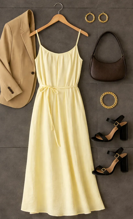 Robe maxi bretelles fines drapée ceinture cordon fluide jaune pâle bohème femme été plage KOELEX