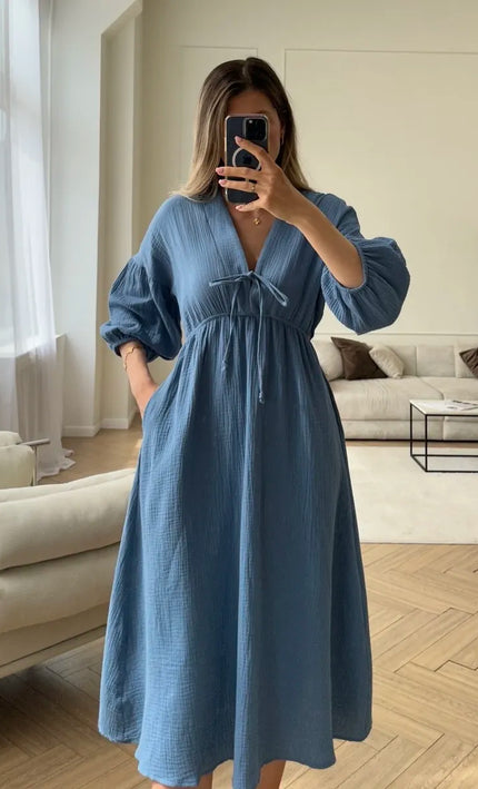 Robe midi col V lacets gaufrée crème bohème femme été casual Lumière Bohème