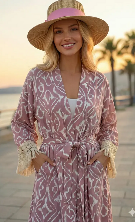 Kimono Long Ikat Oriental Franges Crochet - Rose Poudré bohème femme plage soirée koelex 