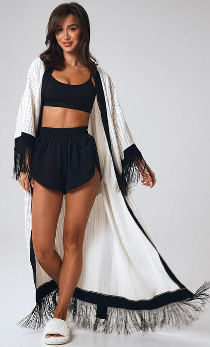 Kimono long texturé franges noires bordures contrastées blanc noir bohème chic femme KOELEX