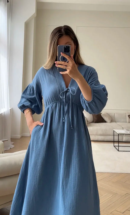 Robe midi col V lacets gaufrée crème bohème femme été casual Lumière Bohème