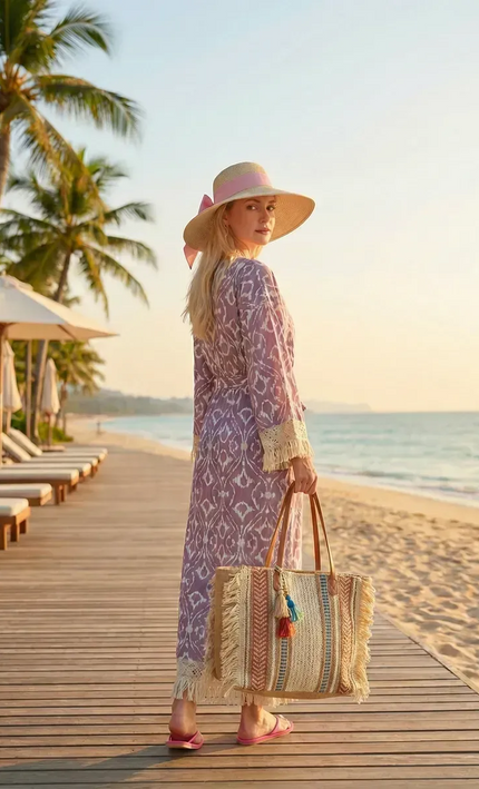 Kimono Long Ikat Oriental Franges Crochet - Rose Poudré bohème femme plage soirée koelex 