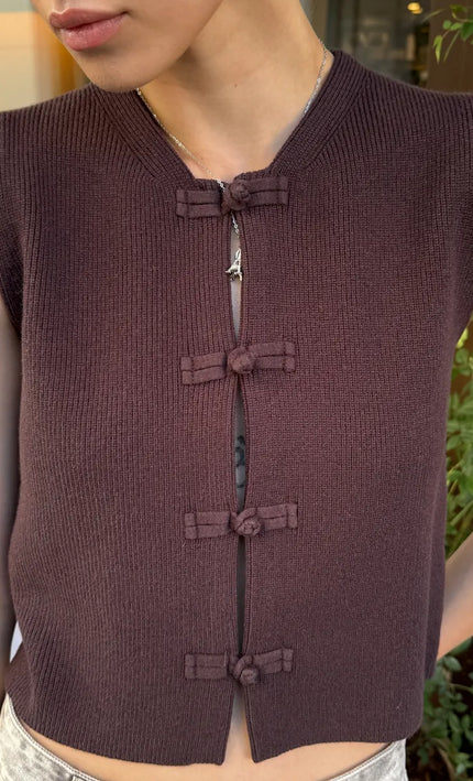 Gilet tricoté nœuds décoratifs sans manches bordeaux bohème femme casual chic 