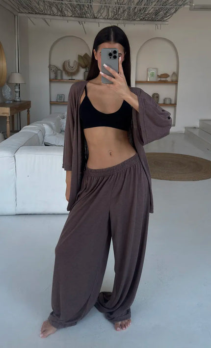 Ensemble 3 en 1 kimono pantalon large texturé brillant ceinture blanc bohème femme maison plage koelex