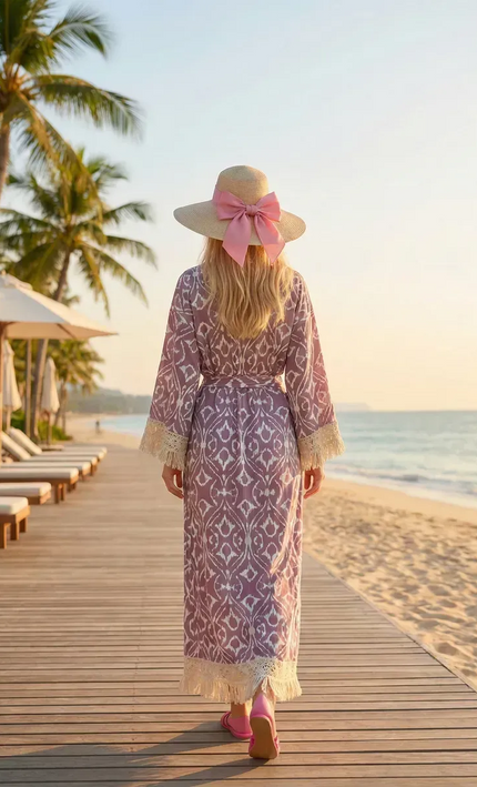 Kimono Long Ikat Oriental Franges Crochet - Rose Poudré bohème femme plage soirée koelex 