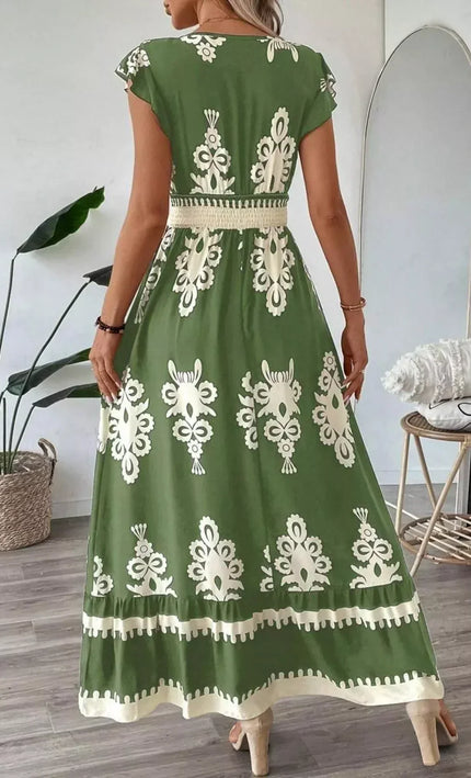Robe Midi Col V Manches Cap Imprimé Baroque Smockée | Style Bohème Femme | KOELEX