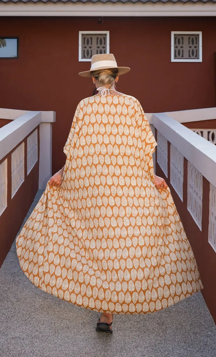 Kimono long imprimé feuilles caramel crème manches larges fente bohème femme plage Lumière Bohème