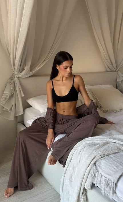 Ensemble 3 en 1 kimono pantalon large texturé brillant ceinture blanc bohème femme maison plage koelex 