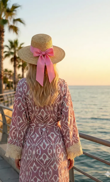 Kimono Long Ikat Oriental Franges Crochet - Rose Poudré bohème femme plage soirée Koelex 