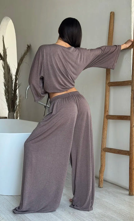 Ensemble 3 en 1 kimono pantalon large texturé brillant ceinture blanc bohème femme maison plage koelex 
