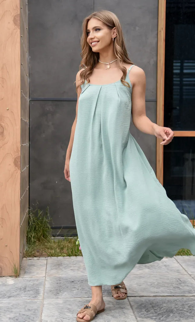 Robe maxi bretelles fines drapée ceinture cordon fluide Vert Sauge bohème femme été plage Lumière Bohème