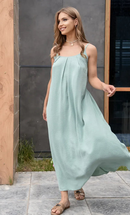 Robe maxi bretelles fines drapée ceinture cordon fluide Vert Sauge bohème femme été plage Lumière Bohème