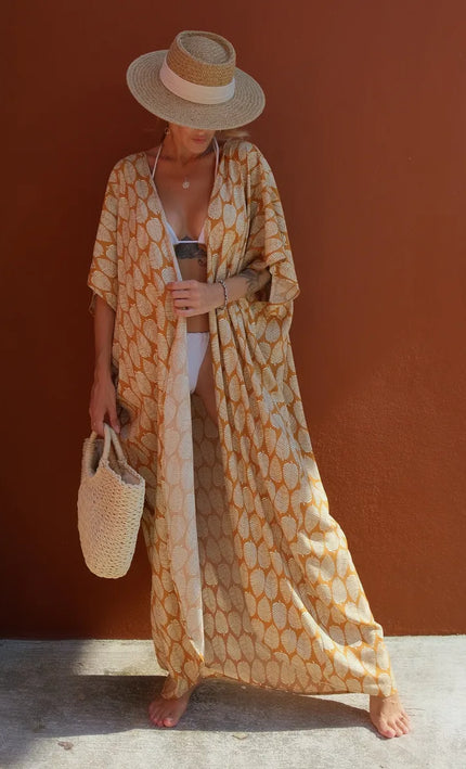 Kimono long imprimé feuilles caramel crème manches larges fente bohème femme plage KOELEX
