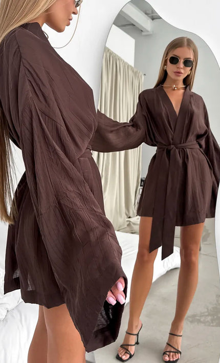 Kimono Court Lin Froissé Manches Larges Ceinture Nouée - Chocolat-Écru