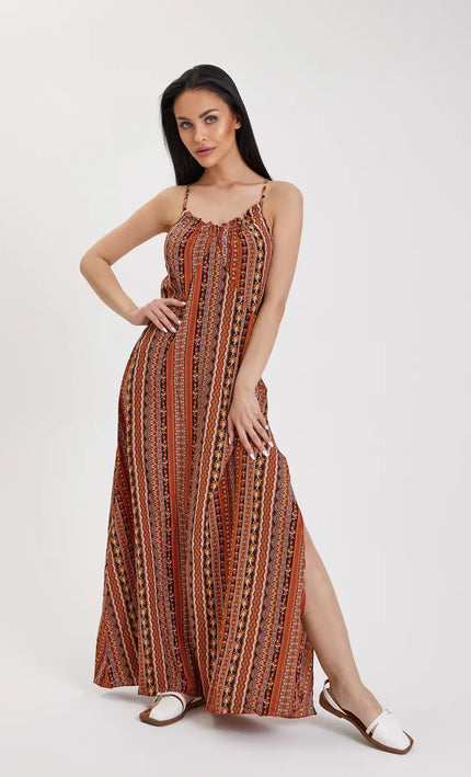 Robe Longue Boheme Imprime Abstrait Col V Bretelles - Terracotta | Style Bohème Femme | KOELEX