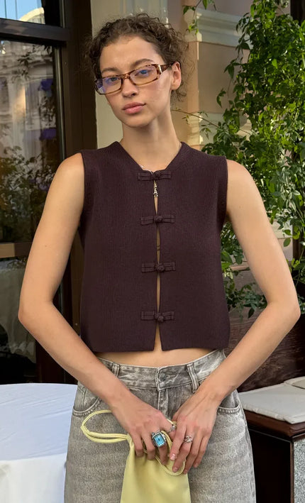 Gilet tricoté nœuds décoratifs sans manches bordeaux bohème femme casual chic 