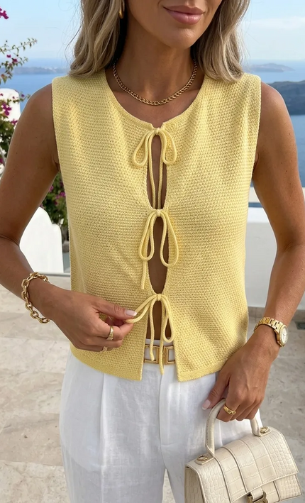 Top crochet lacets nœuds sans manches jaune bohème femme vacances été Lumière Bohème