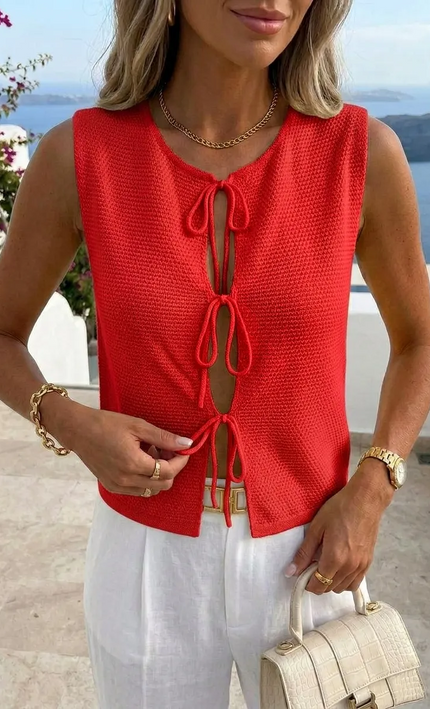 Top Crochet Lacets Nœuds Sans Manches - Rouge