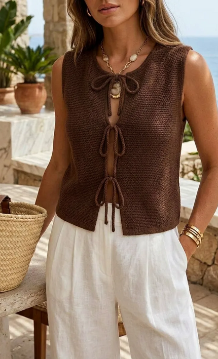 Top Crochet Lacets Nœuds Sans Manches - Marron