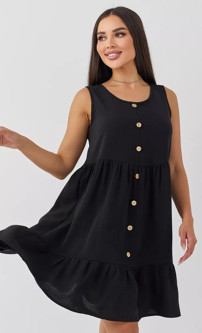 Robe Noir Boutonnee Volants Sans Manches Col V - Noir
