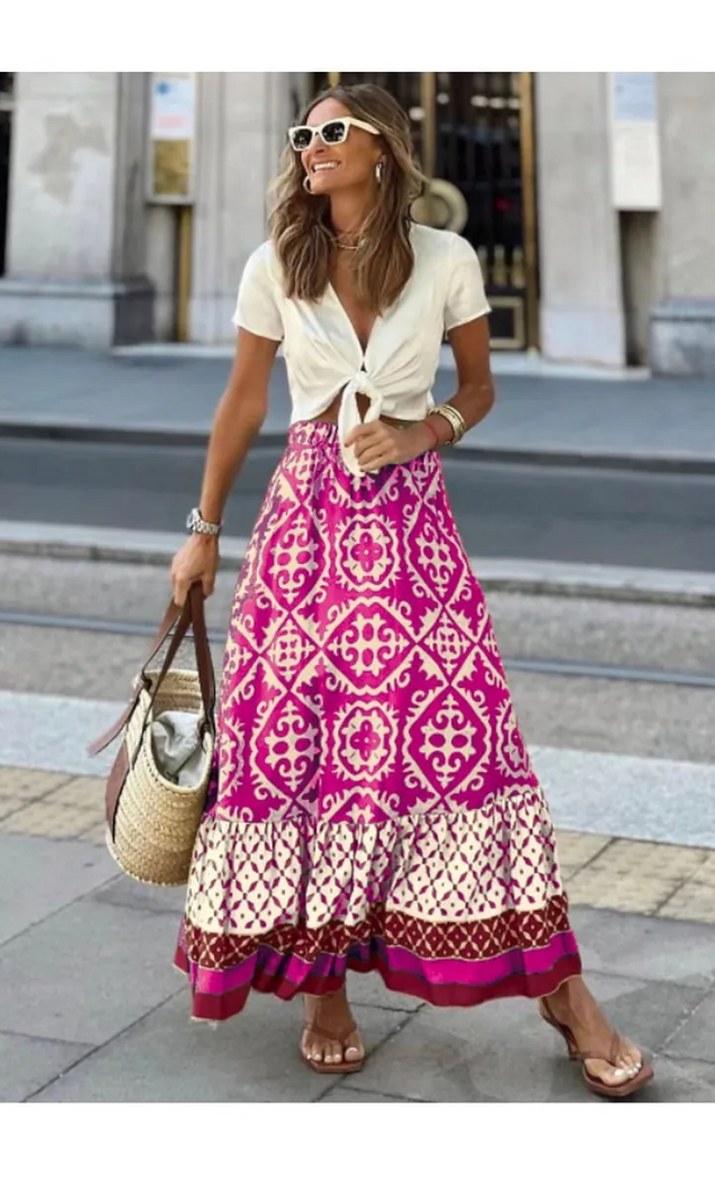 Jupe Midi Boheme Imprime Ethnique Taille Elastique | Style Bohème Femme | KOELEX