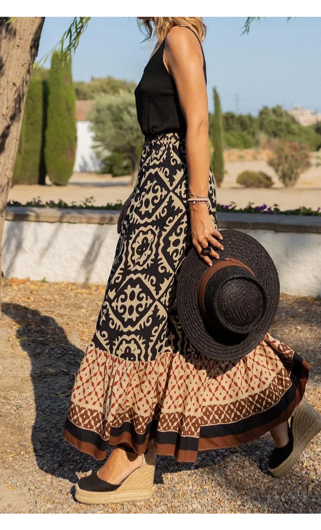 Jupe Midi Boheme Imprime Ethnique Taille Elastique | Style Bohème Femme | KOELEX