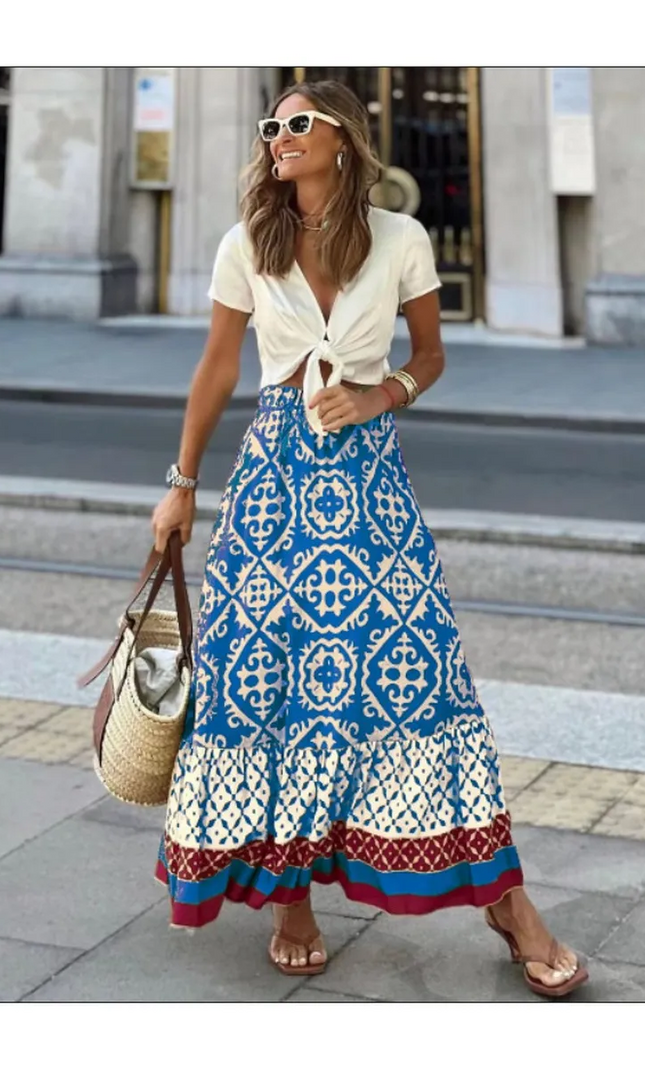 Jupe Midi Boheme Imprime Ethnique Taille Elastique | Style Bohème Femme | KOELEX