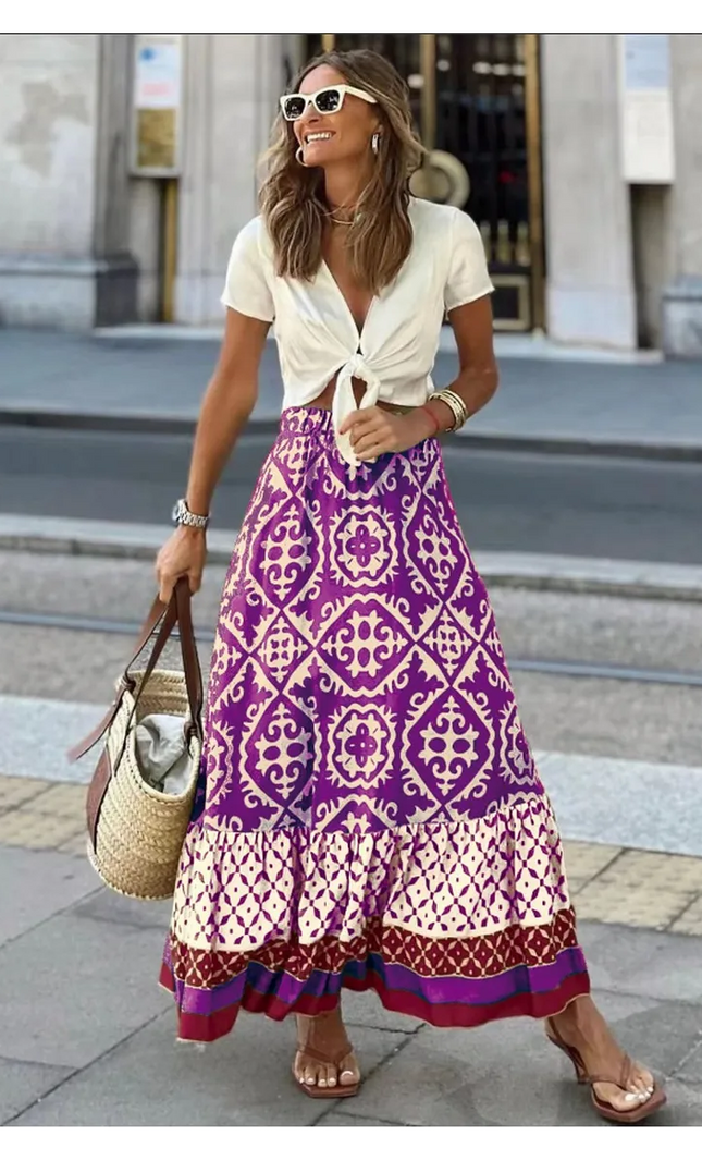 Jupe Midi Boheme Imprime Ethnique Taille Elastique | Style Bohème Femme | KOELEX