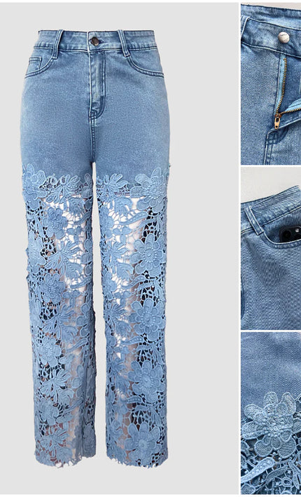 Jean Évasé Femme Dentelle Crochet Bleu – Taille Haute Élégante