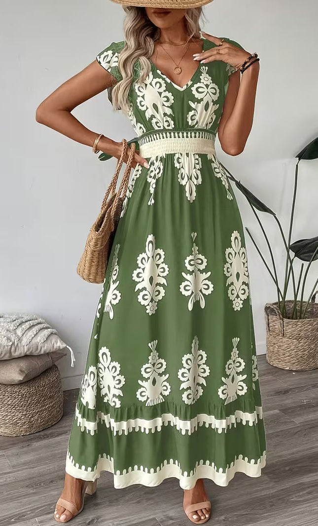 Robe Midi Col V Manches Cap Imprimé Baroque Smockée | Style Bohème Femme | KOELEX