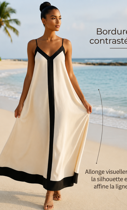 Robe maxi bretelles fines col V fluide bordures contrastées crème noir bohème femme plage KOELEX