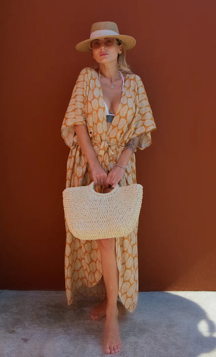 Kimono long imprimé feuilles caramel crème manches larges fente bohème femme plage Lumière Bohème