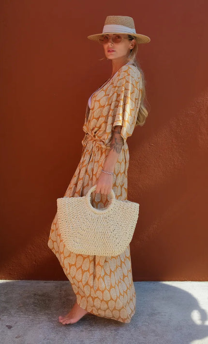 Kimono long imprimé feuilles caramel crème manches larges fente bohème femme plage Lumière Bohème