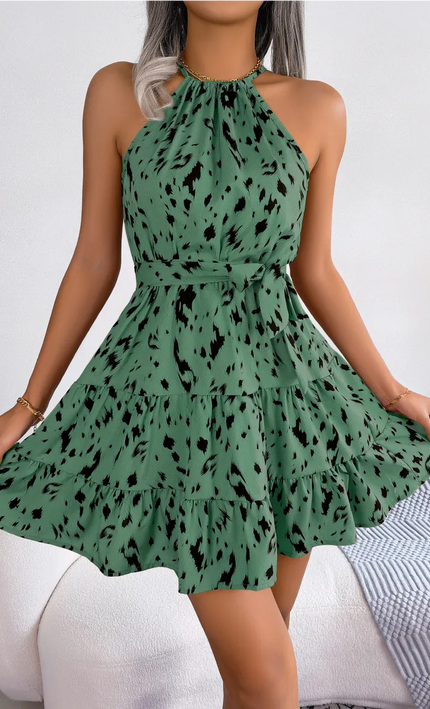 Mini Robe Volants Imprimé Léopard Col Licou - Vert bohème femme été festival soirée KOELEX