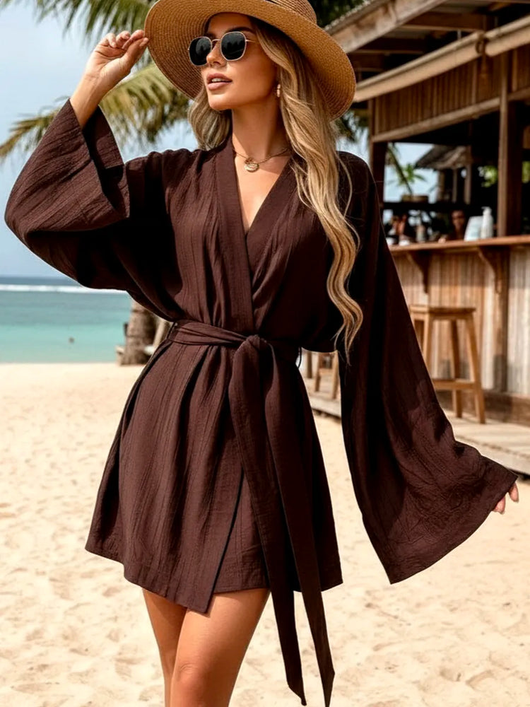 Kimono Court Lin Froissé Manches Larges Ceinture Nouée - Chocolat-Écru