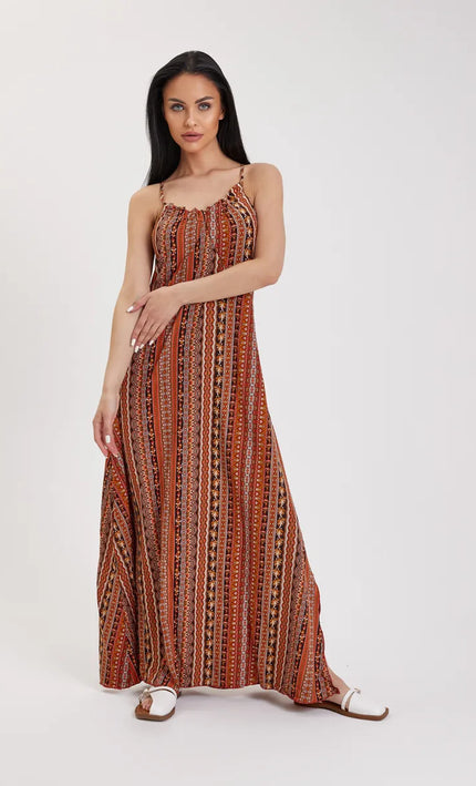 Robe Longue Boheme Imprime Abstrait Col V Bretelles - Terracotta | Style Bohème Femme | KOELEX