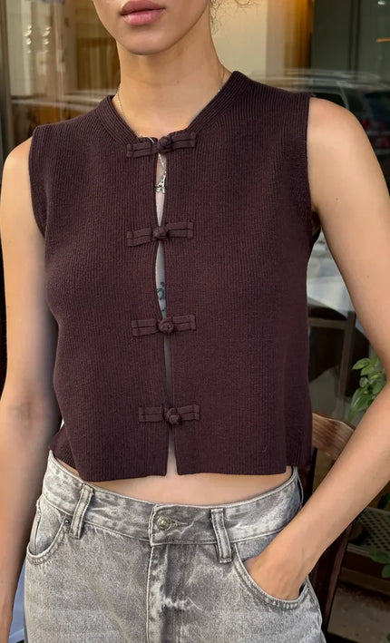 Gilet tricoté nœuds décoratifs sans manches bordeaux bohème femme casual chic