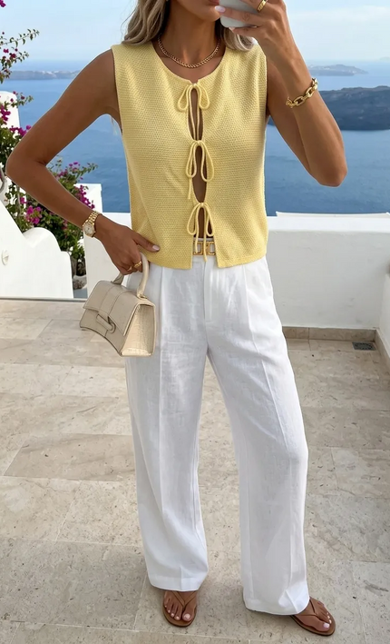 Top crochet lacets nœuds sans manches jaune bohème femme vacances été Lumière Bohème