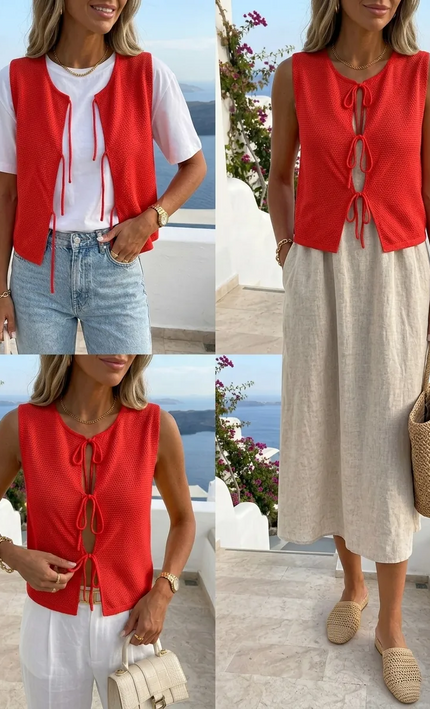 Top Crochet Lacets Nœuds Sans Manches - Rouge