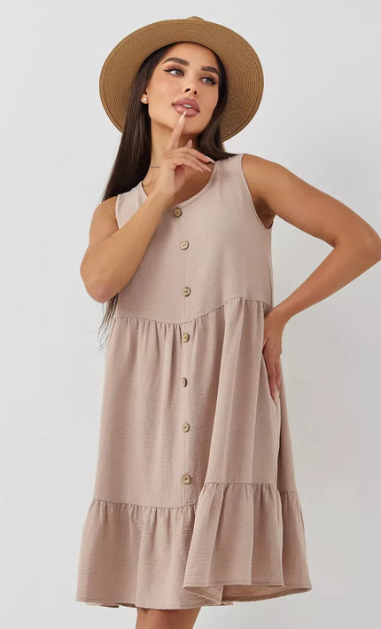 Robe nude Boutonnée Volants Sans Manches Col V - nude bohème femme été 2026 KOELEX